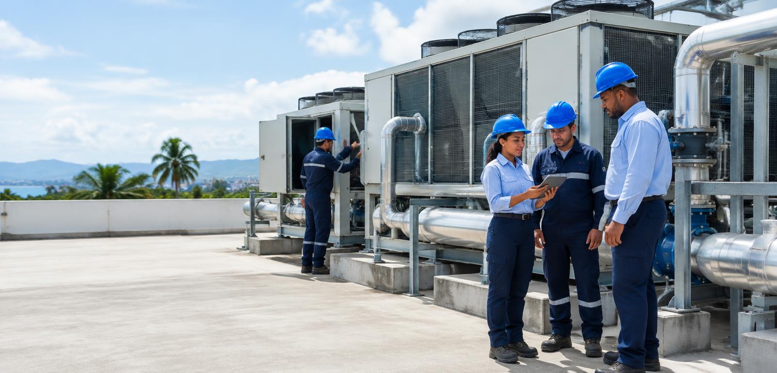 Escena ilustrativa de técnicos y equipos de climatización industrial